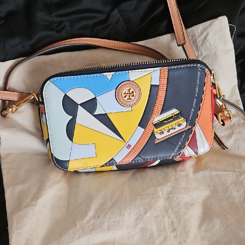 Tory Burch Blue Yellow Crossbody Bag with Artistic Design